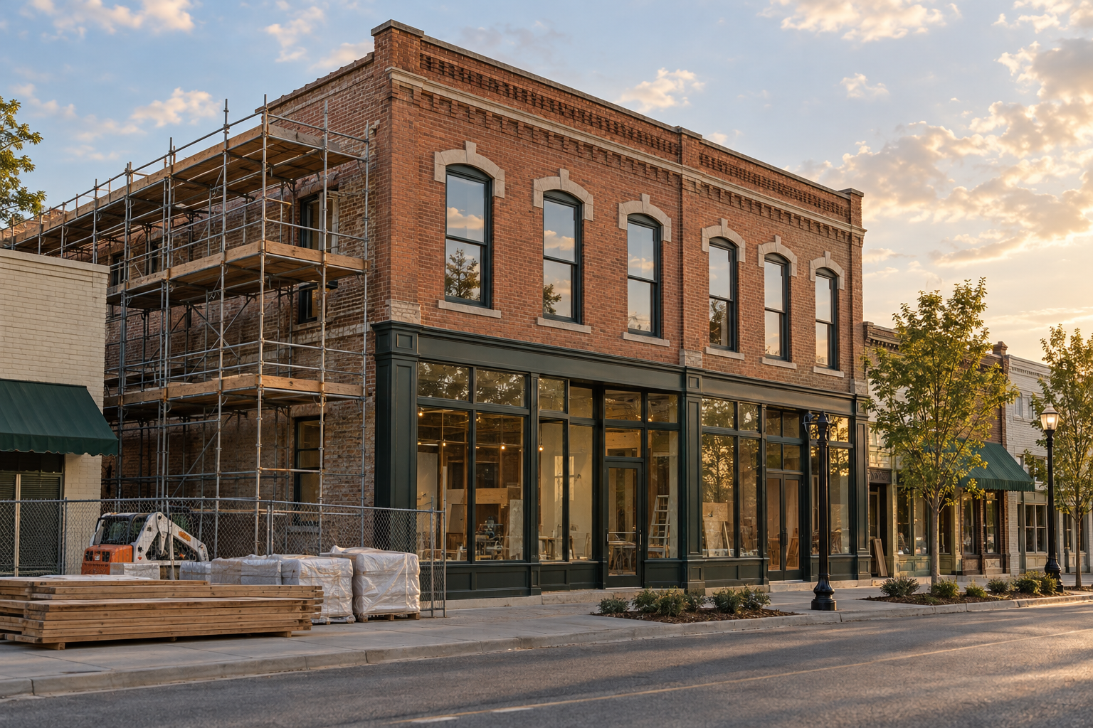 Illustrative small-town commercial brick building undergoing renovation
